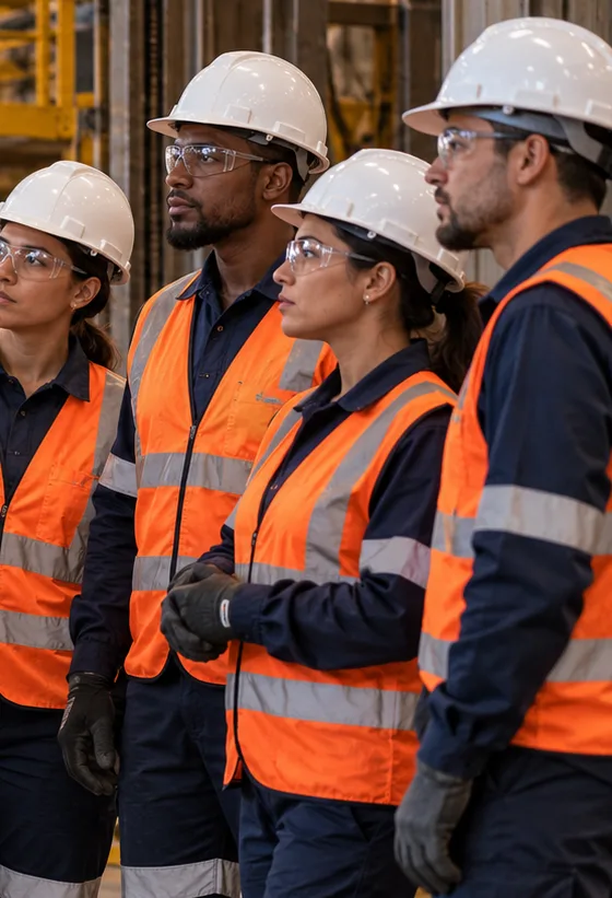 Profissionais caminhando em galpão industrial
